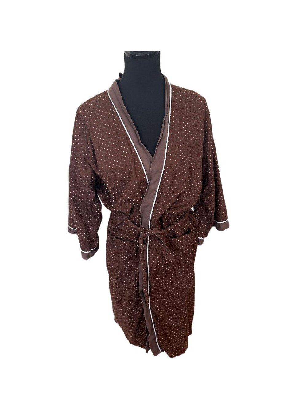 Vtg Brown Polka Dot Robe Unisex Pockets Belted Waist 3/4 Sleeves Lightweight